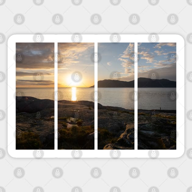 Wonderful landscapes in Norway. Vestland. Beautiful scenery of a sunset on a calm sea in a sunny day with sunrays through the clouds and a fisherman on the shore. Yellow sky and rocks Sticker by fabbroni-art